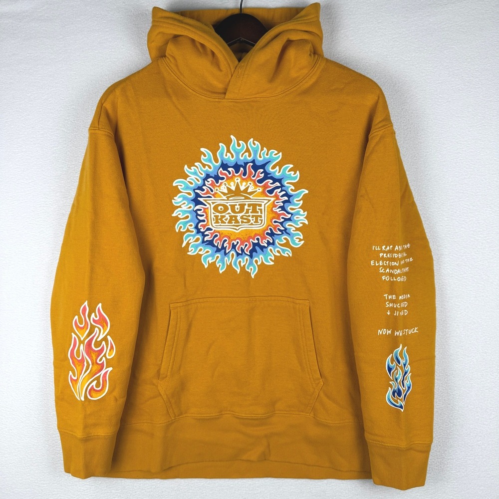 OutKast Hoodie Mens S/M Gold Graphic Flame Sleeve Rap Music Sweatshirt